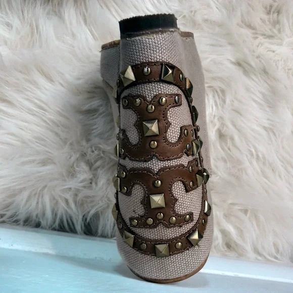 Tory Burch Studded Canvas Wedge Mules Cream/Tan/Size 9.5 - Picture 5 of 10